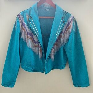 Wanted By Beads Beautiful Vintage Teal Fringe Jean Jacket